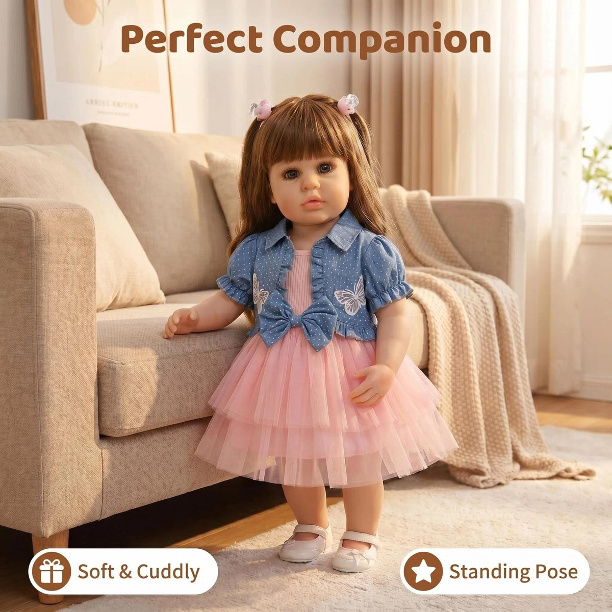 Muñeca Reborn de 22 pulgadas de aspecto realista, cuerpo completo de vinilo, niña pequeña de pie, vestido de tutú de malla, juguete de compañía para regalo de festividades