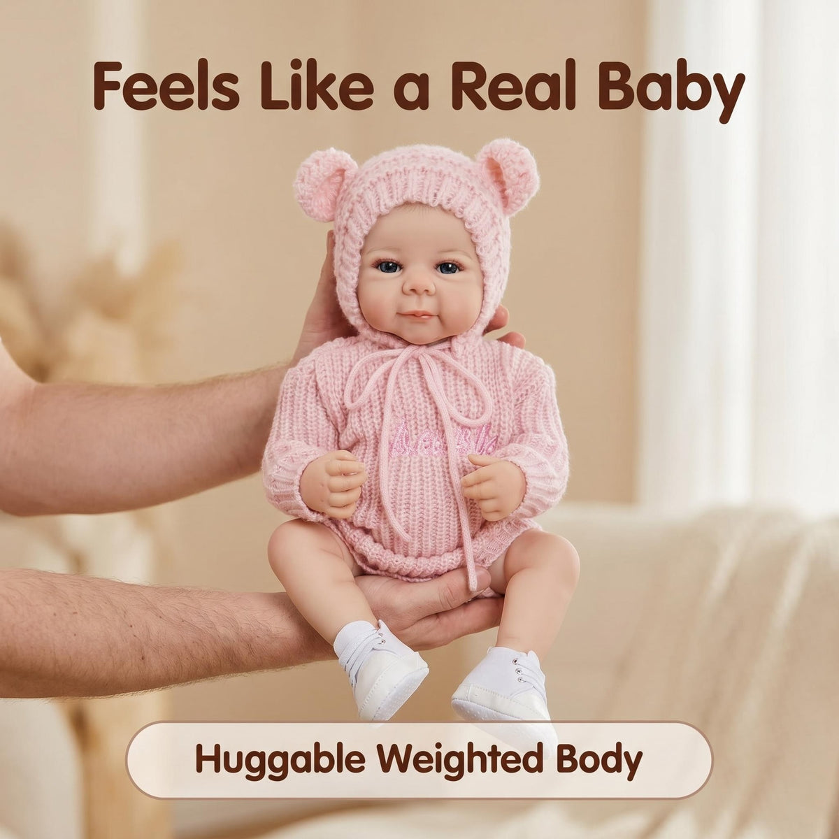 Muñeca bebé reborn de 19 pulgadas con cuerpo completo de vinilo, traje de punto rosa neutro, muñeca de simulación para guardería como regalo para niña