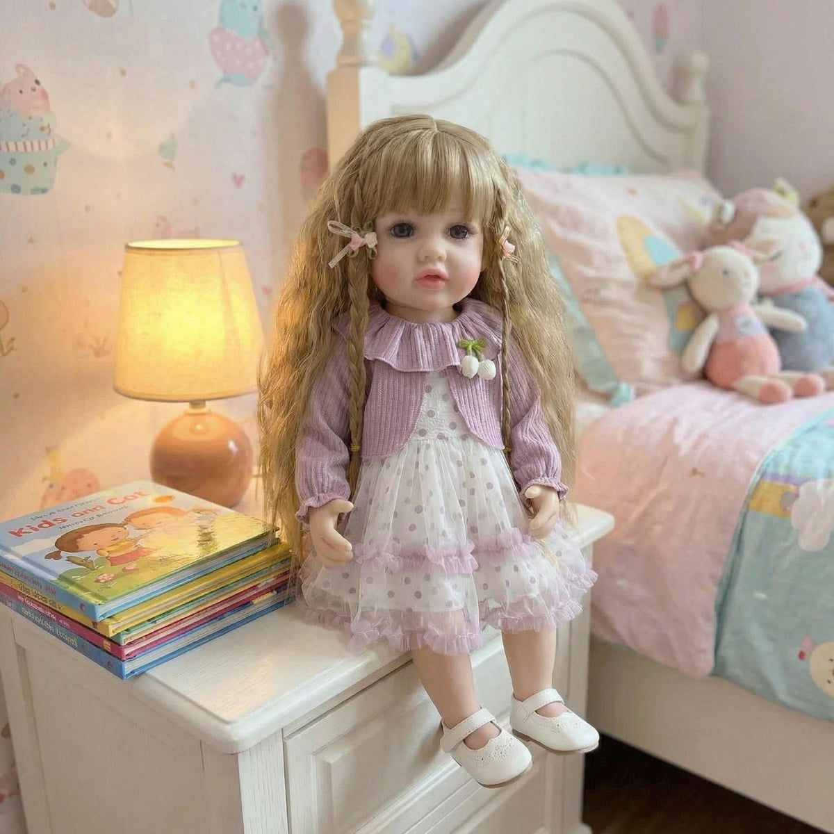 Muñeca reborn de vinilo suave de 22 pulgadas, de simulación, con chal de manga larga de color morado claro