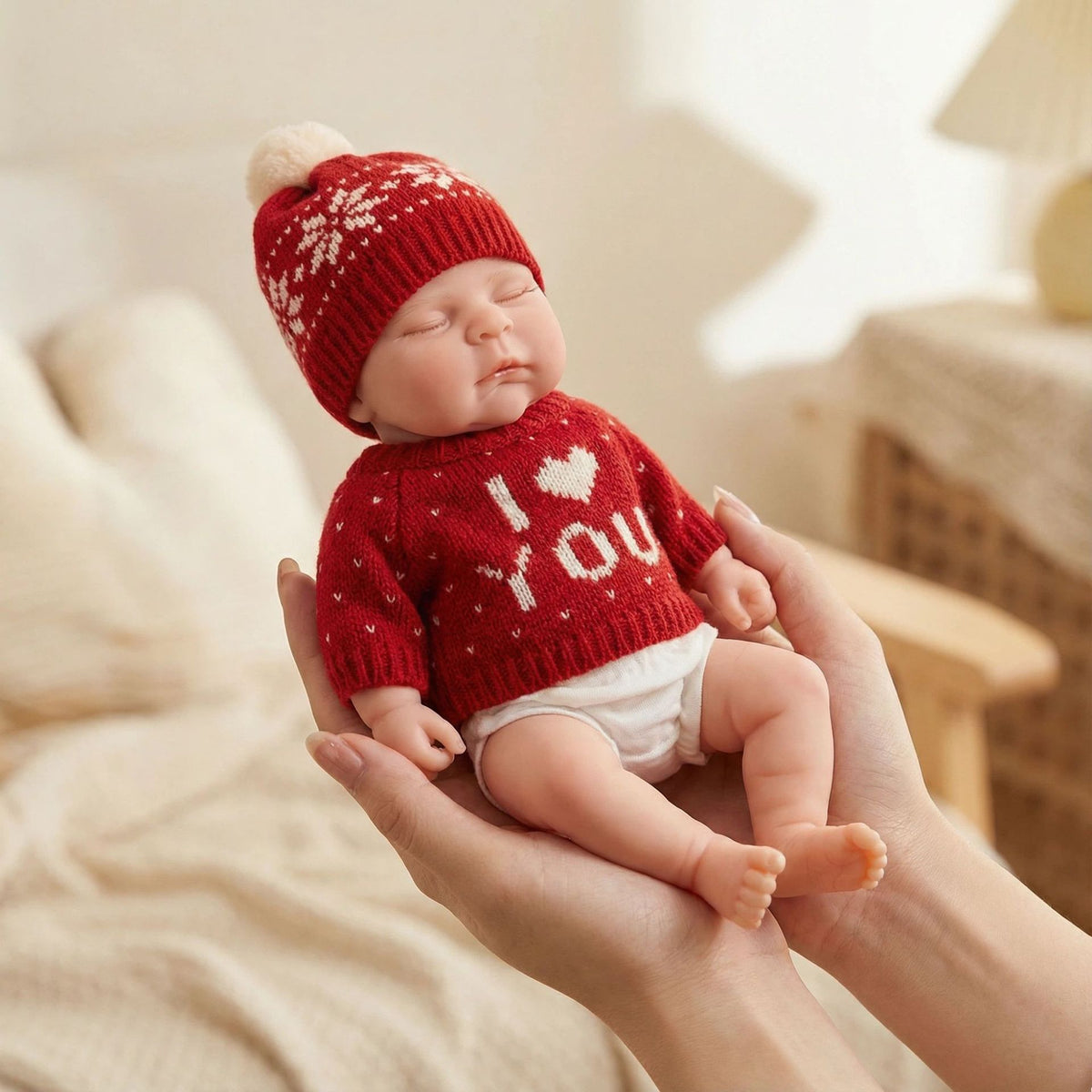 Muñeca Reborn de silicona sólida de 12 pulgadas, con suéter rojo de manga larga, gorro y melocotones