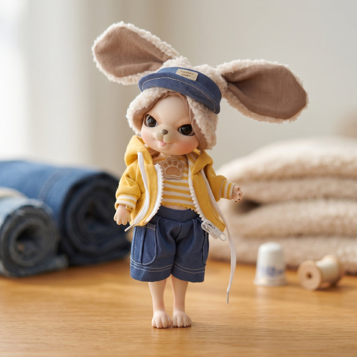 Muñeco bebé reborn de 10 pulgadas de un lindo animal con cuerpo de articulación esférica de cerámica completa y gorro de orejas esponjosas. Regalo de decoración coleccionable con atuendo.