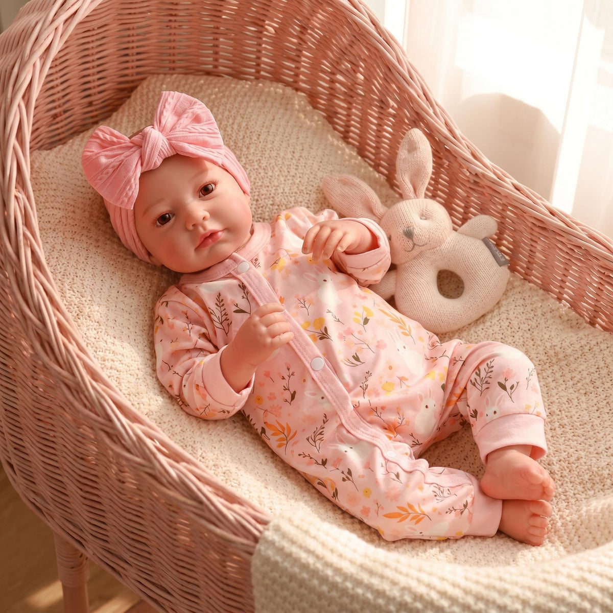 Muñeca Reborn de 19 pulgadas de tacto suave con cuerpo de vinilo completo, con un conjunto completo de adorable enterizo con cremallera y estampado de conejo floral, ideal para juegos de simulación y decoración de interiores