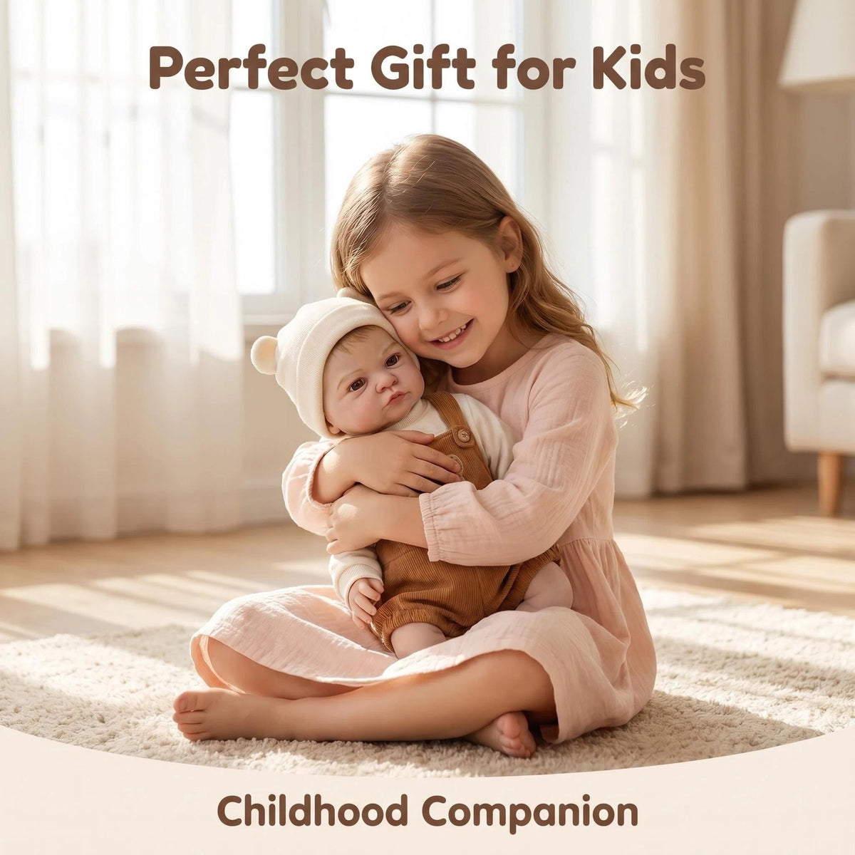 Muñeca Reborn de 19 pulgadas Comfort Hug con cuerpo de tela, gorro de oso color crema, rostro realista y detallado, perfecta para decoración de dormitorio, guardería o regalo.
