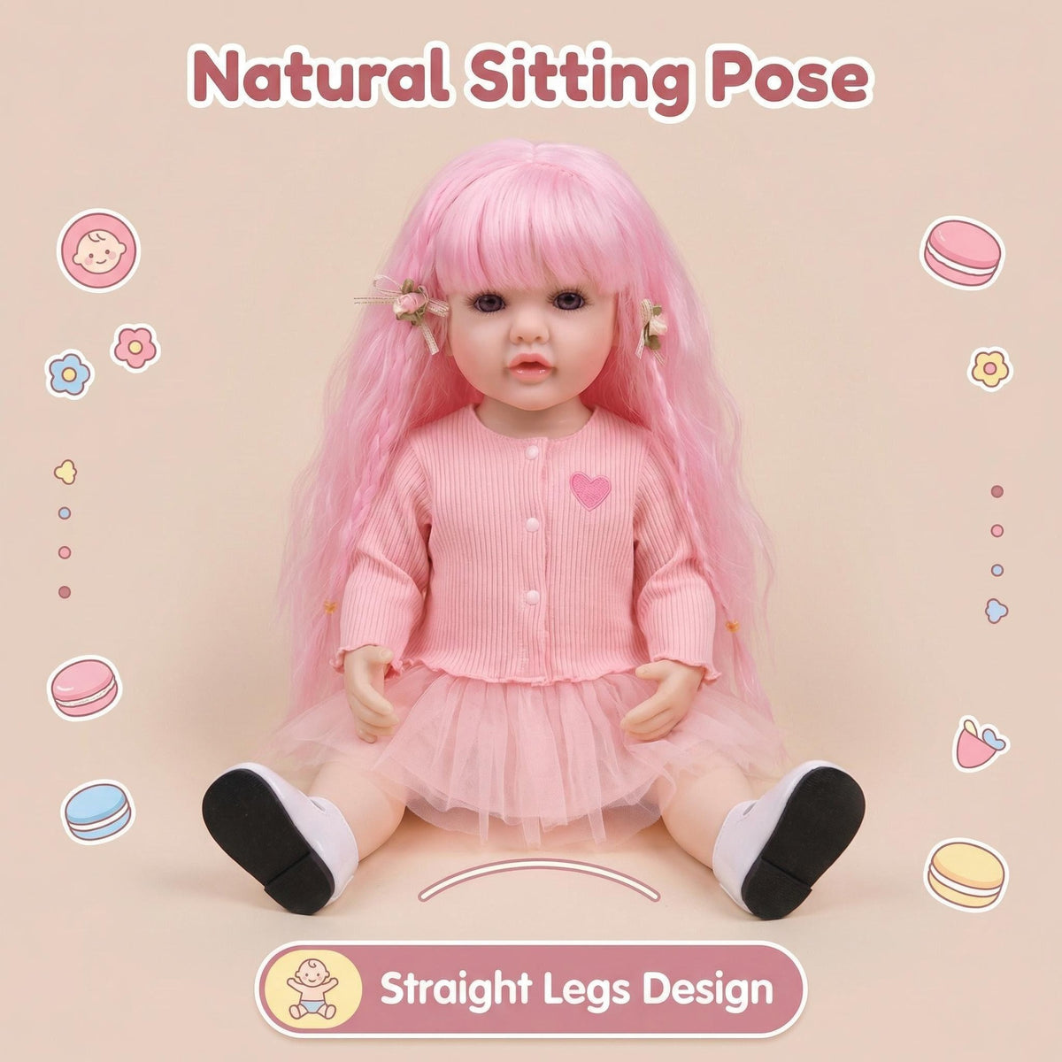 Muñeca Reborn de vinilo de cuerpo completo de 55 cm, modelo Betty, capaz de mantenerse de pie, con cabello rosa, venas pintadas en 3D y aspecto realista.