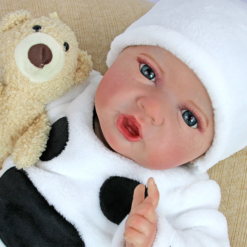 Muñeca bebé Reborn de 22 pulgadas con cuerpo de tela y ojos abiertos, adorable conjunto de peluche con temática de panda, ideal para cumpleaños y festividades