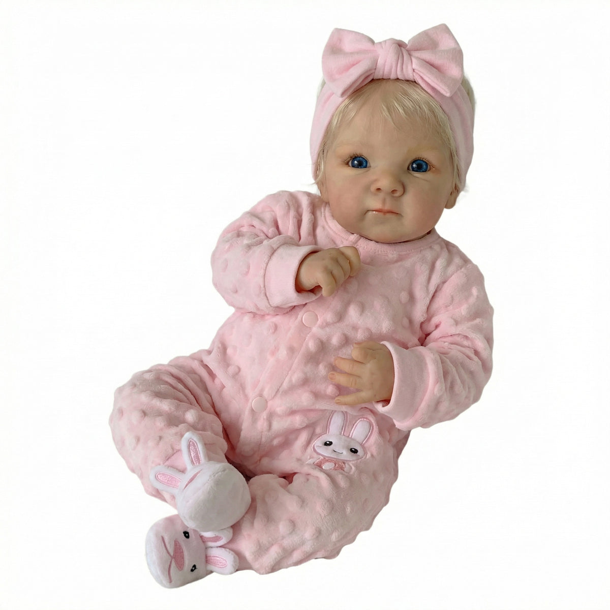 Muñeca reborn Bettie de vinilo completo de 18 pulgadas con mono de conejo rosa