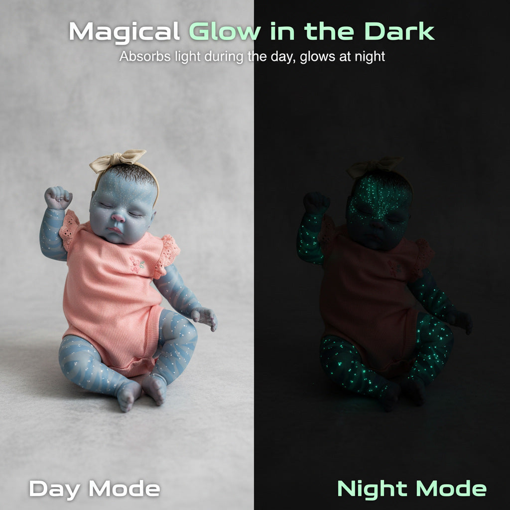 Muñeca reborn de 19 pulgadas, bebé de gama alta cuidadosamente pintado a mano al "estilo Avatar" con su icónico tono de piel y patrón de estrellas.