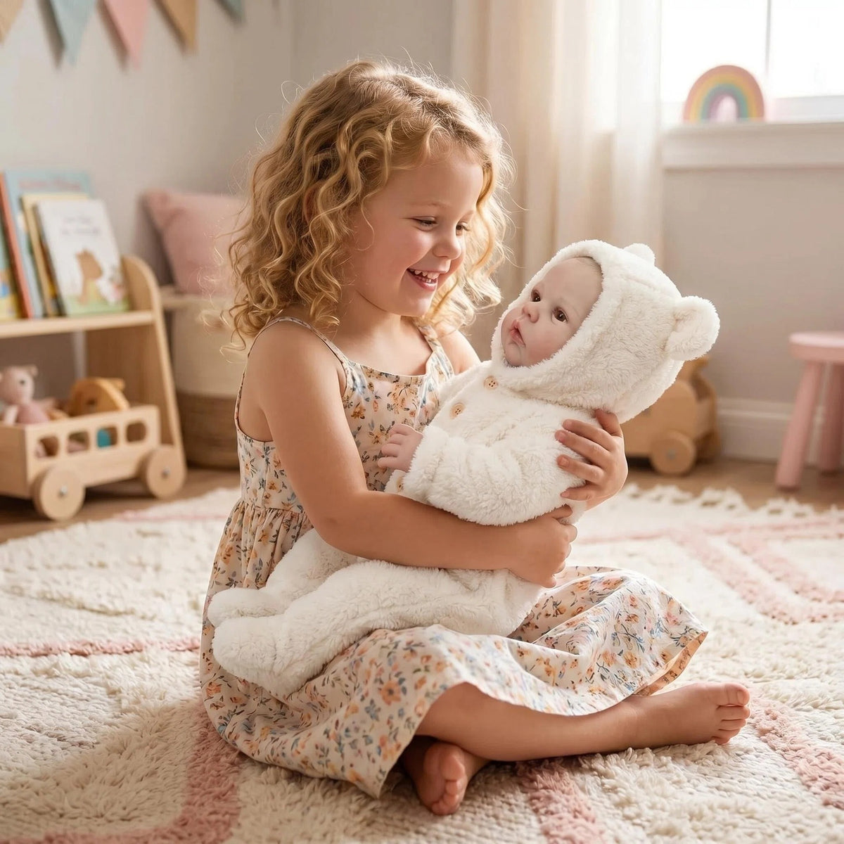 Muñeca bebé Reborn de 19 pulgadas con cuerpo de tela, despierta, con mono de felpa color crema con capucha de orejas de oso y pies, regalo ideal para cumpleaños, Navidad, juguete compañero adorable para niños y adultos coleccionistas de muñecas