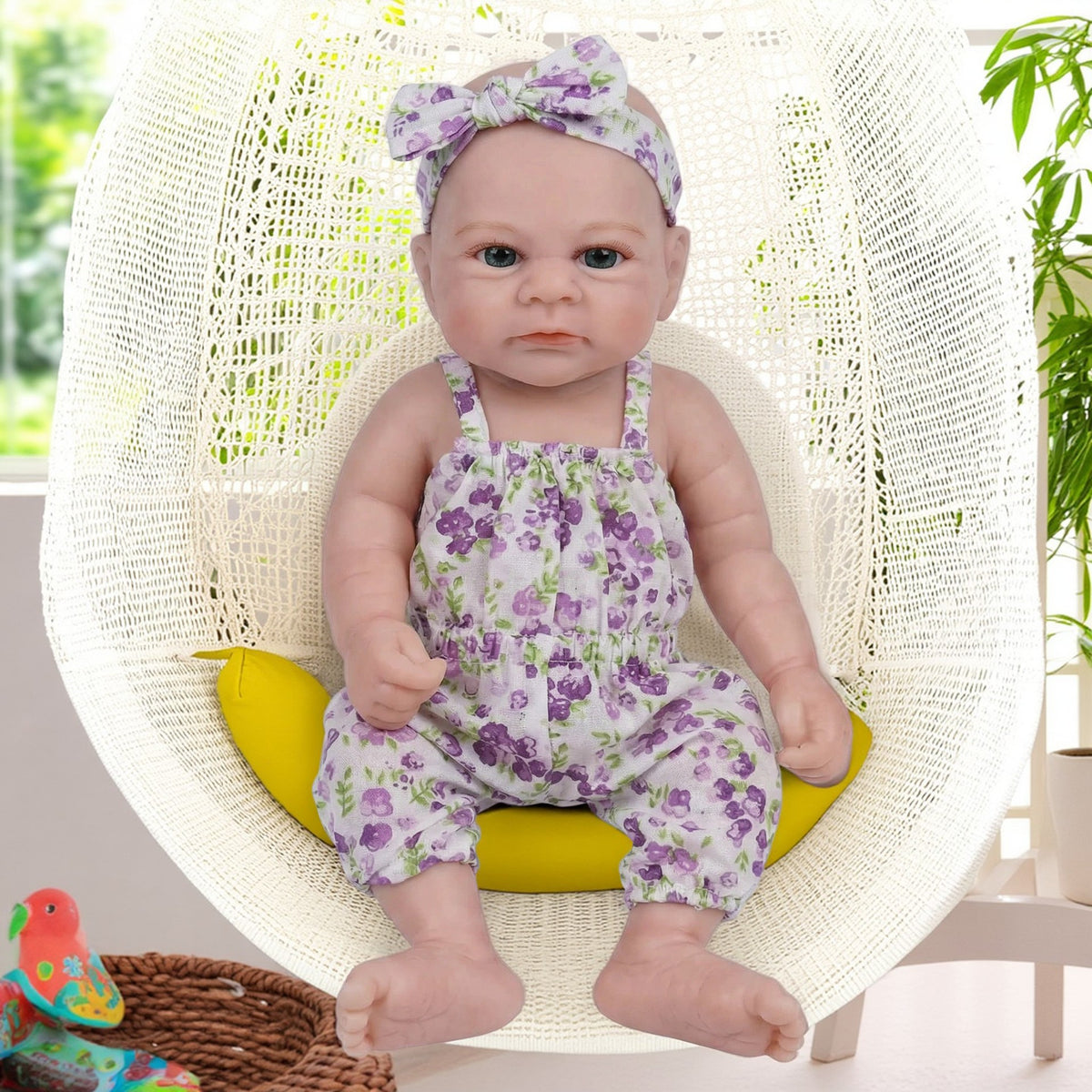 Muñeca reborn de silicona sólida de 12 pulgadas con enterizo floral morado