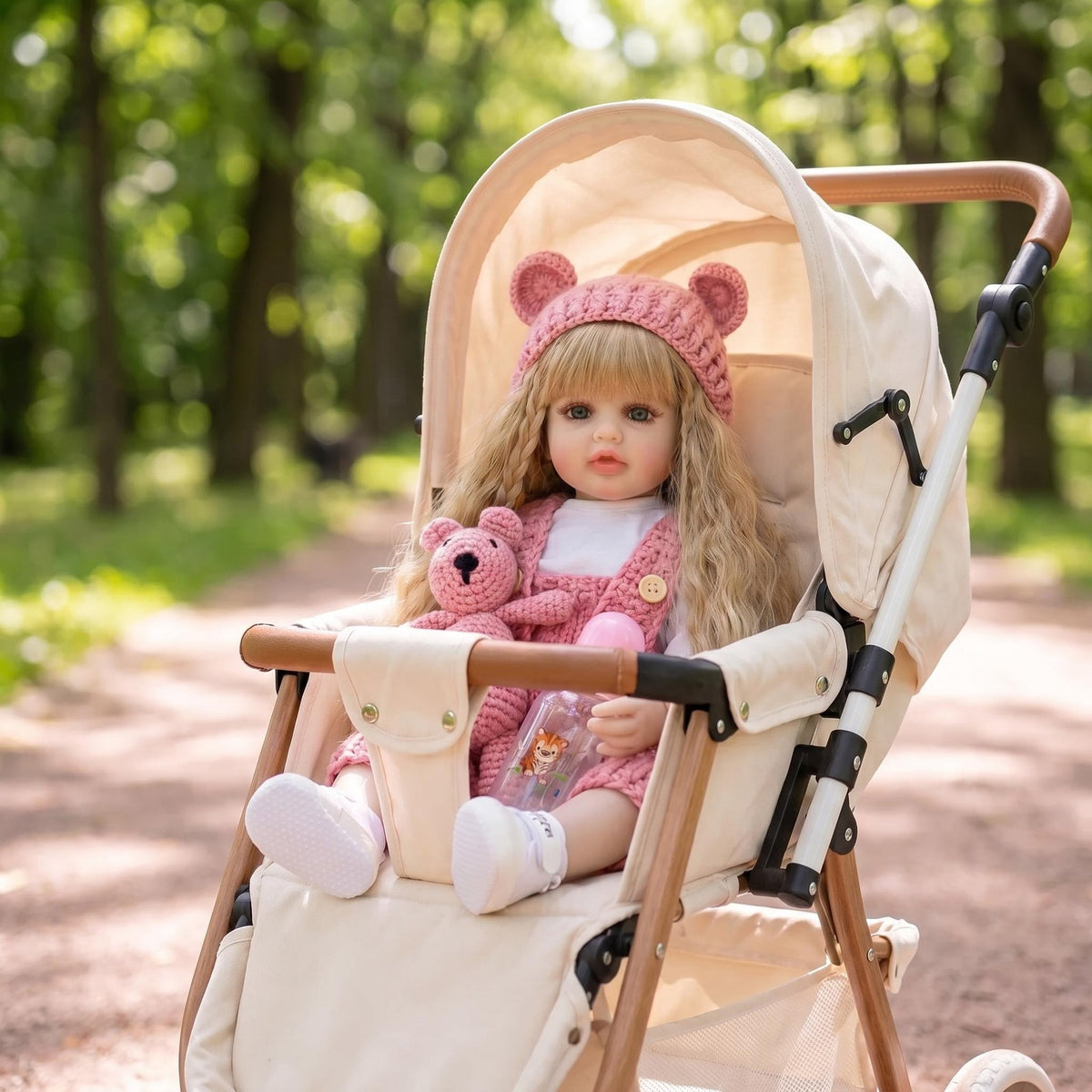 Muñeca Reborn de vinilo completo de 22 pulgadas con gorro de punto con orejas de oso, ojos azules realistas, regalo sorpresa premium para fiestas de cumpleaños y celebraciones navideñas