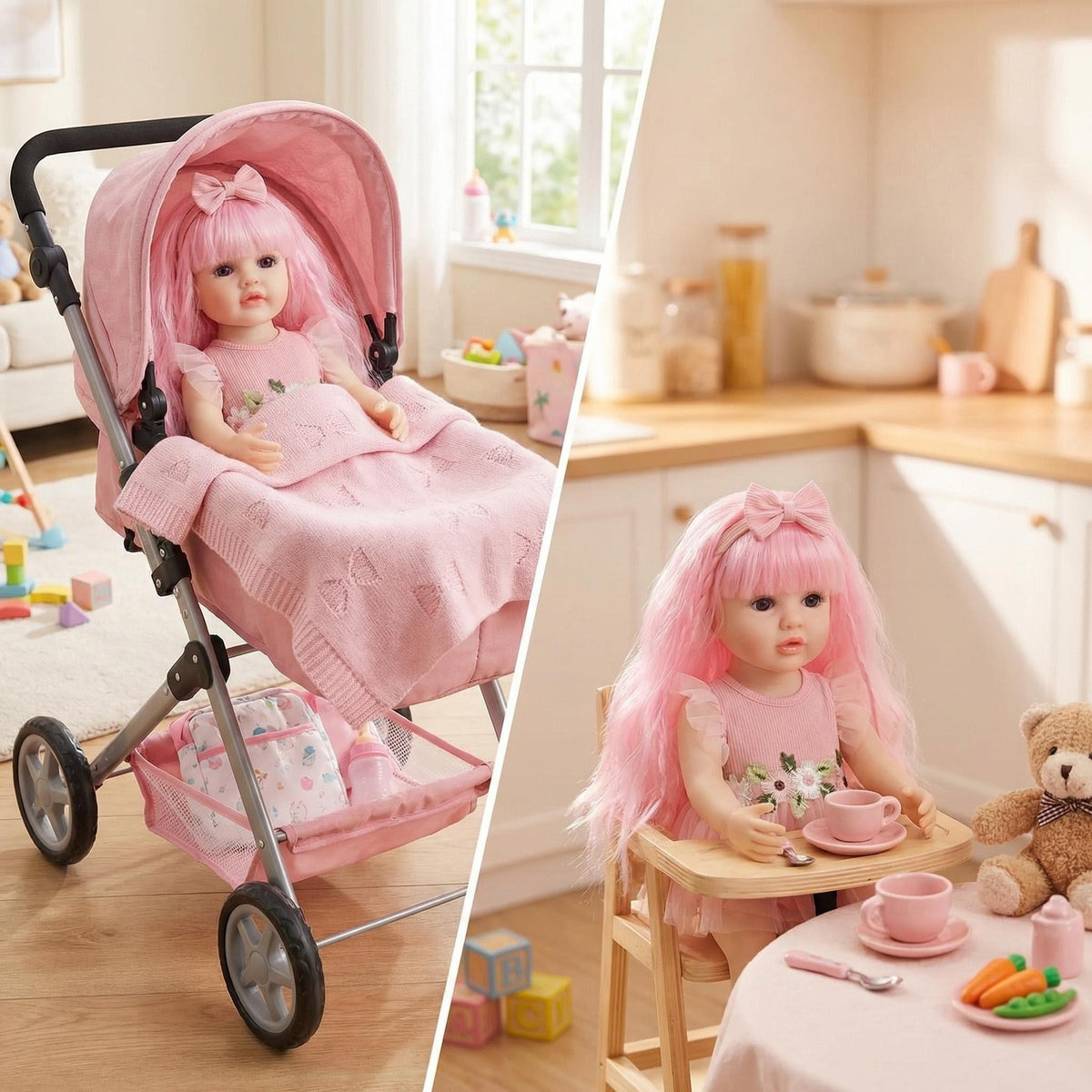 Muñeca Reborn de vinilo de cuerpo completo Betty de 22 pulgadas, niña realista con cabello rizado rosa, piel 3D realista con venas visibles, muñeca hecha a mano