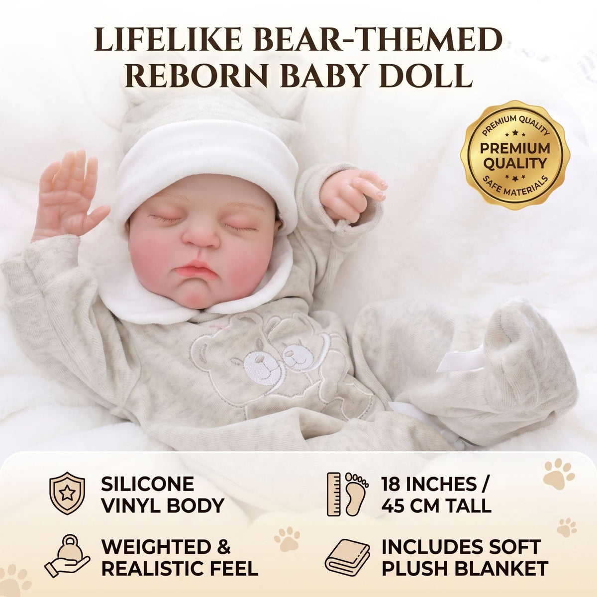 Muñeca bebé reborn dormilona de 18 pulgadas con cuerpo de tela, mameluco con orejas de oso, regalo de compañía abrazable para cumpleaños y días festivos