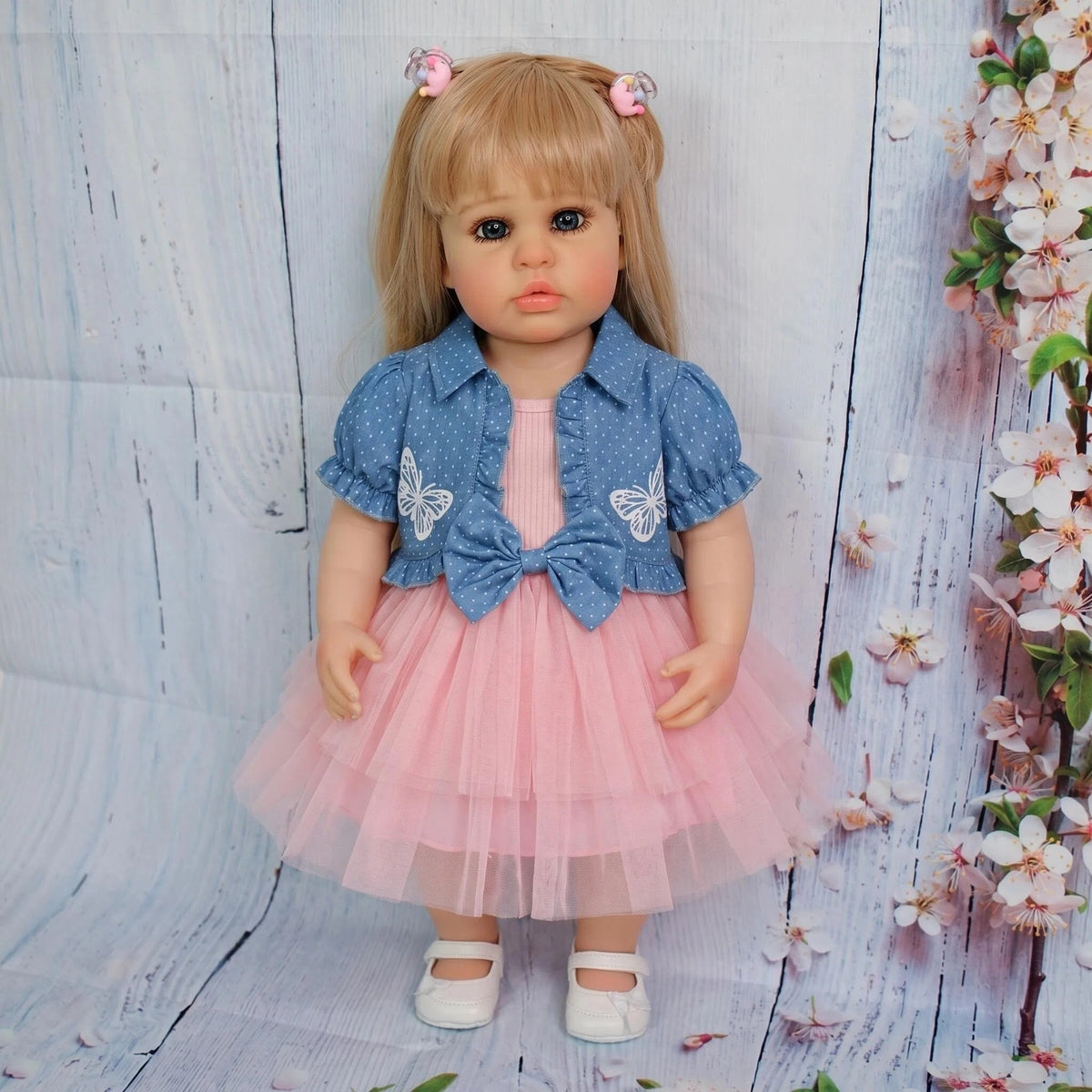 Muñeca Reborn realista de 22 pulgadas, cuerpo completo de vinilo, niña pequeña de pie con coletas rubias, conjunto de princesa, regalo festivo para niños y coleccionistas