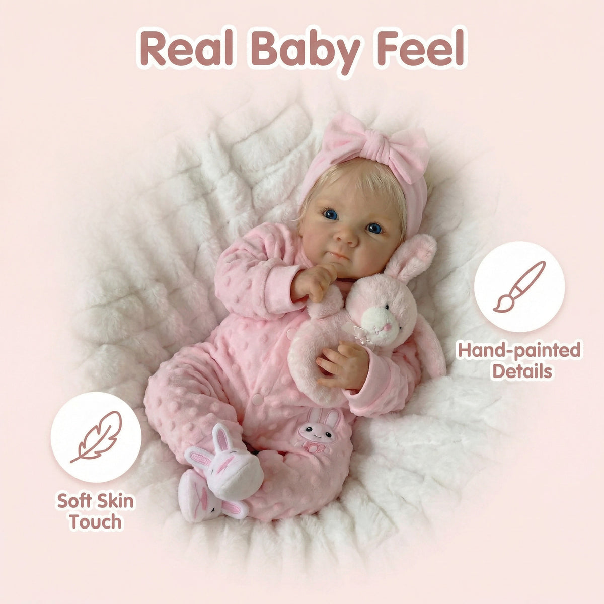 Muñeca reborn Bettie de vinilo completo de 18 pulgadas con mono de conejo rosa