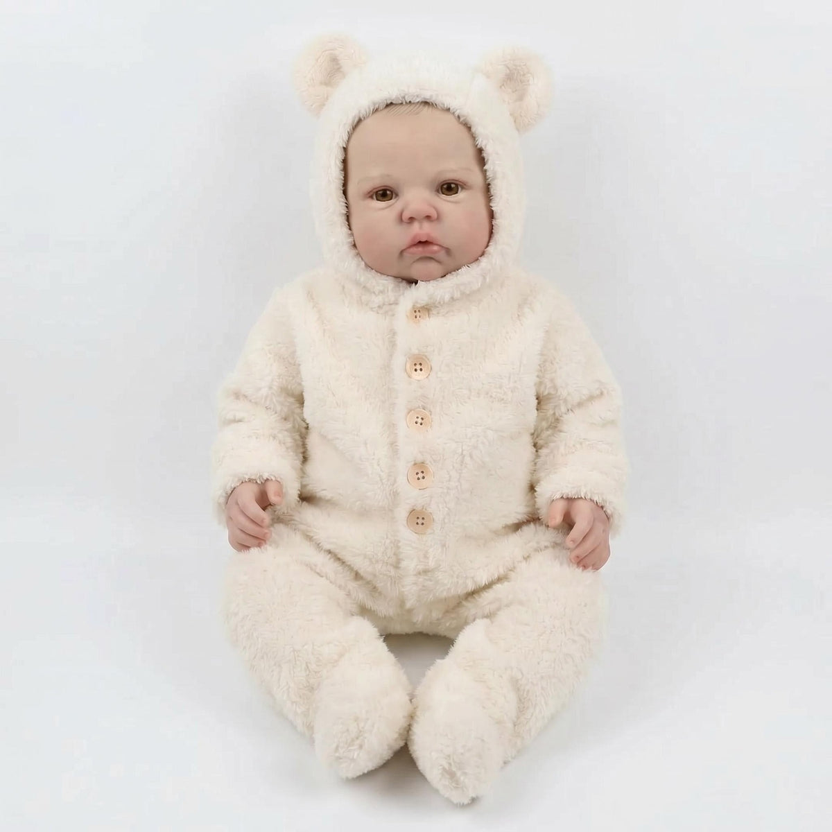 Muñeca bebé Reborn de 19 pulgadas con cuerpo de tela, despierta, con mono de felpa color crema con capucha de orejas de oso y pies, regalo ideal para cumpleaños, Navidad, juguete compañero adorable para niños y adultos coleccionistas de muñecas