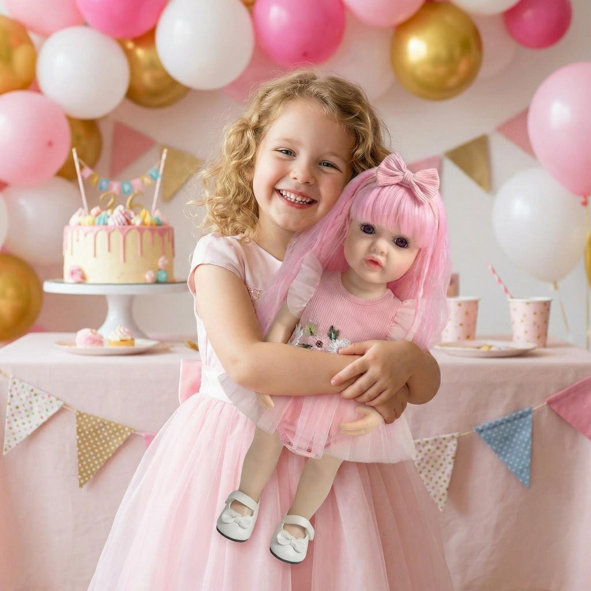 Muñeca Reborn de vinilo de cuerpo completo Betty de 22 pulgadas, niña realista con cabello rizado rosa, piel 3D realista con venas visibles, muñeca hecha a mano