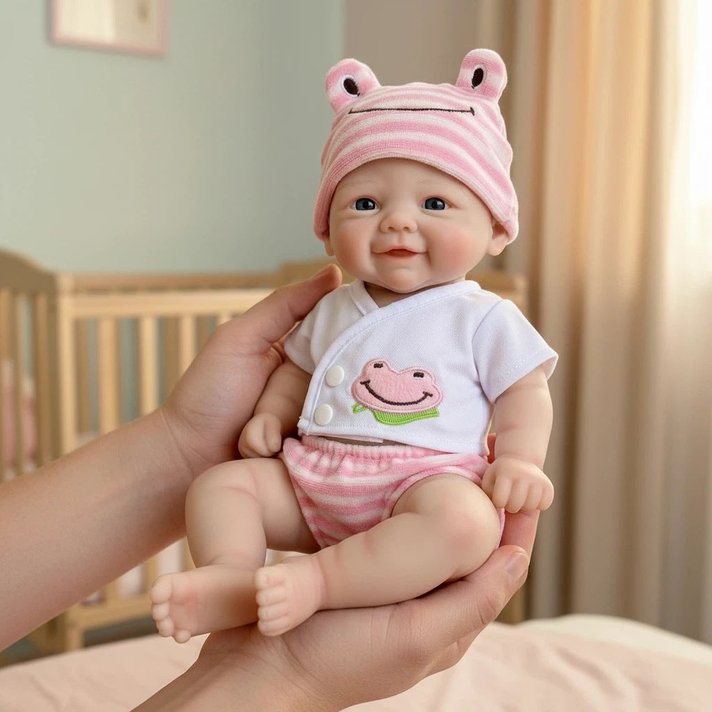 Muñeca reborn de silicona maciza de 12 pulgadas con gorro de rana rosa, muñeco de juguete de simulación como regalo
