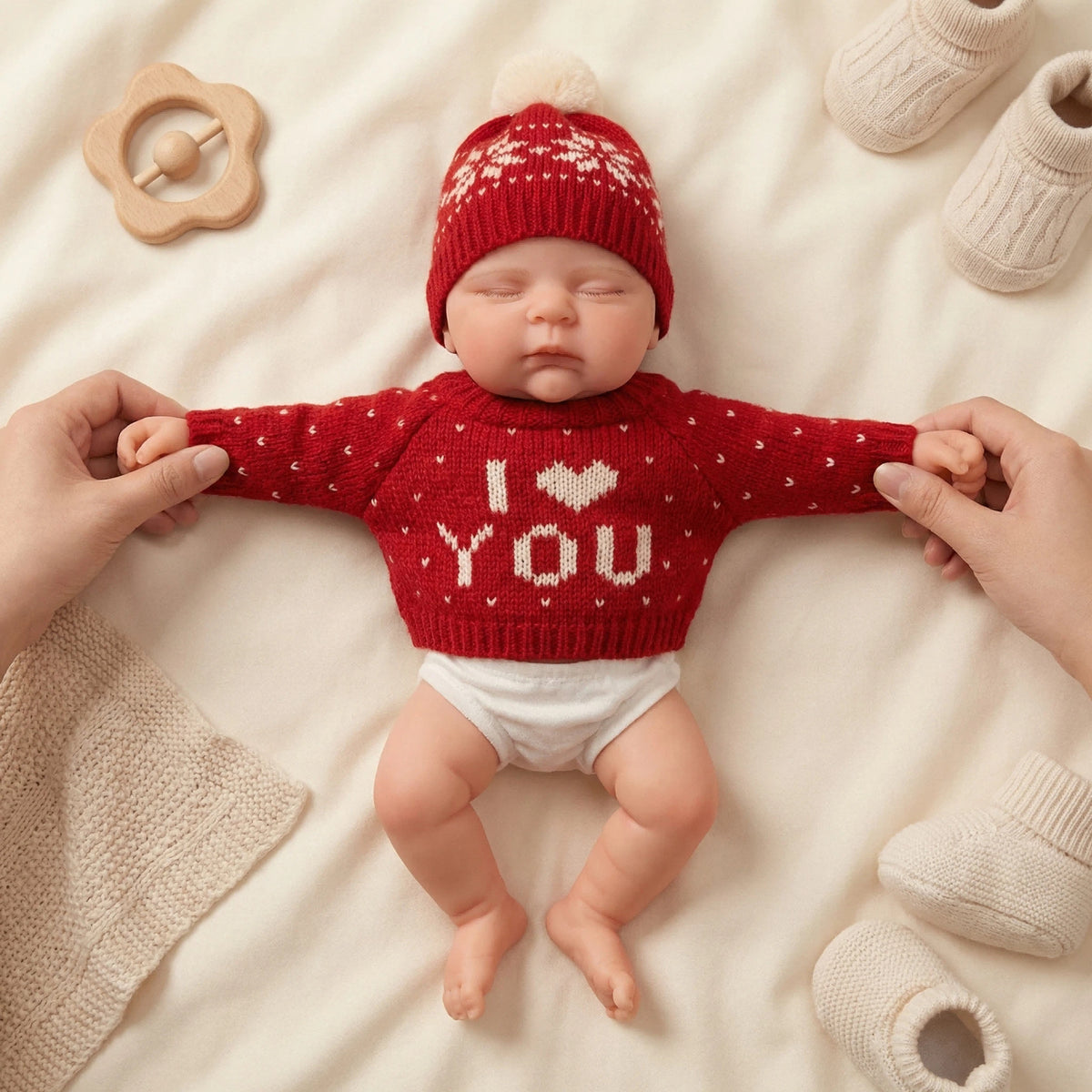Muñeca Reborn de silicona sólida de 12 pulgadas, con suéter rojo de manga larga, gorro y melocotones