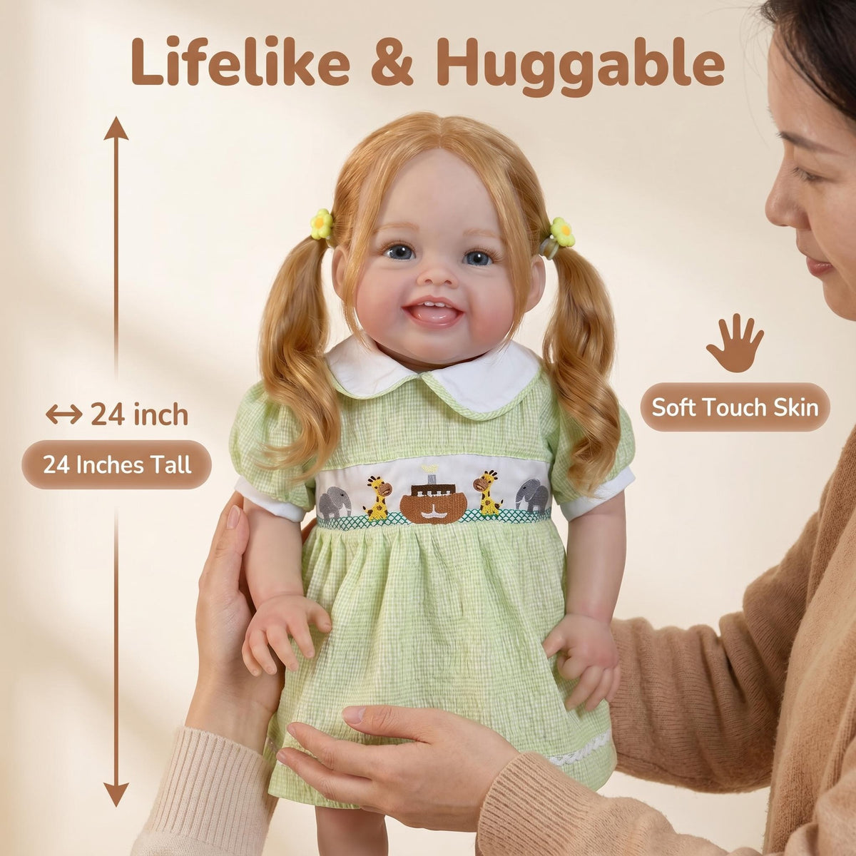 Muñeca Reborn alegre de 24 pulgadas con coletas rubias, cuerpo de tela y vestido con estampado animal, muñeca de compañía reconfortante, regalo sorpresa único para fiestas de cumpleaños y festivales occidentales