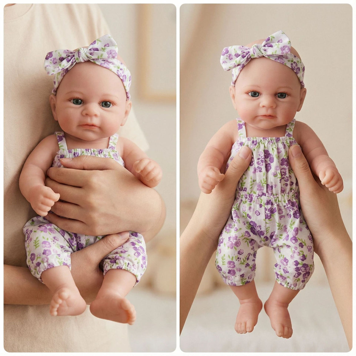Muñeca reborn de silicona sólida de 12 pulgadas con enterizo floral morado