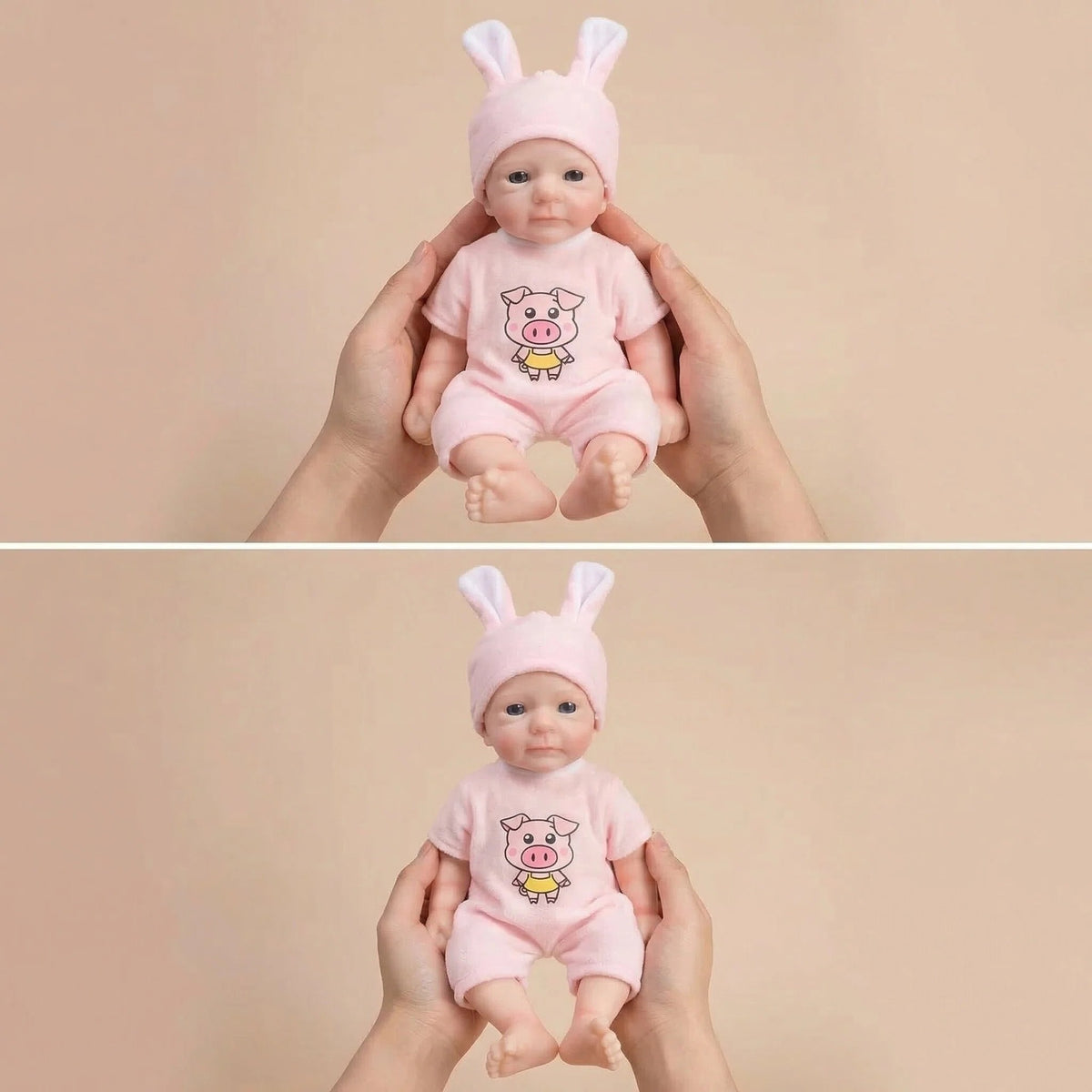 Muñeca de simulación de 12 pulgadas con gorro de orejas de conejo, muñeca de silicona de reencarnación