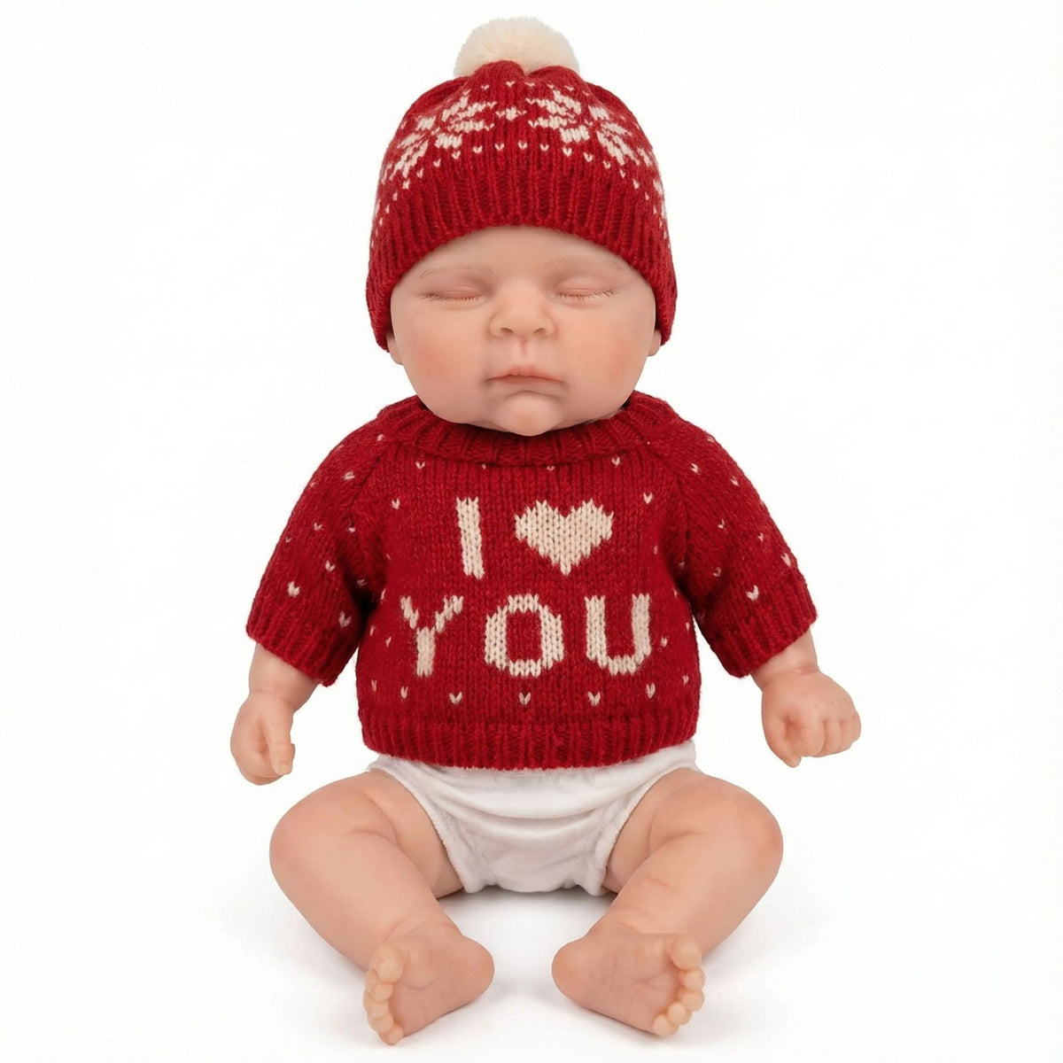Muñeca Reborn de silicona sólida de 12 pulgadas, con suéter rojo de manga larga, gorro y melocotones
