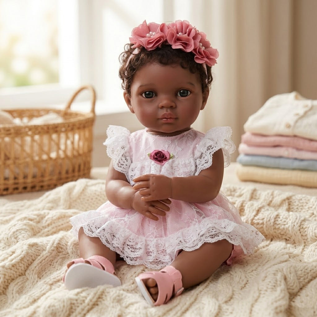 Muñeca bebé reborn negra de 50 cm, de piel negra, cuerpo completo de plástico, cabello injertado, muñeca africana para niña