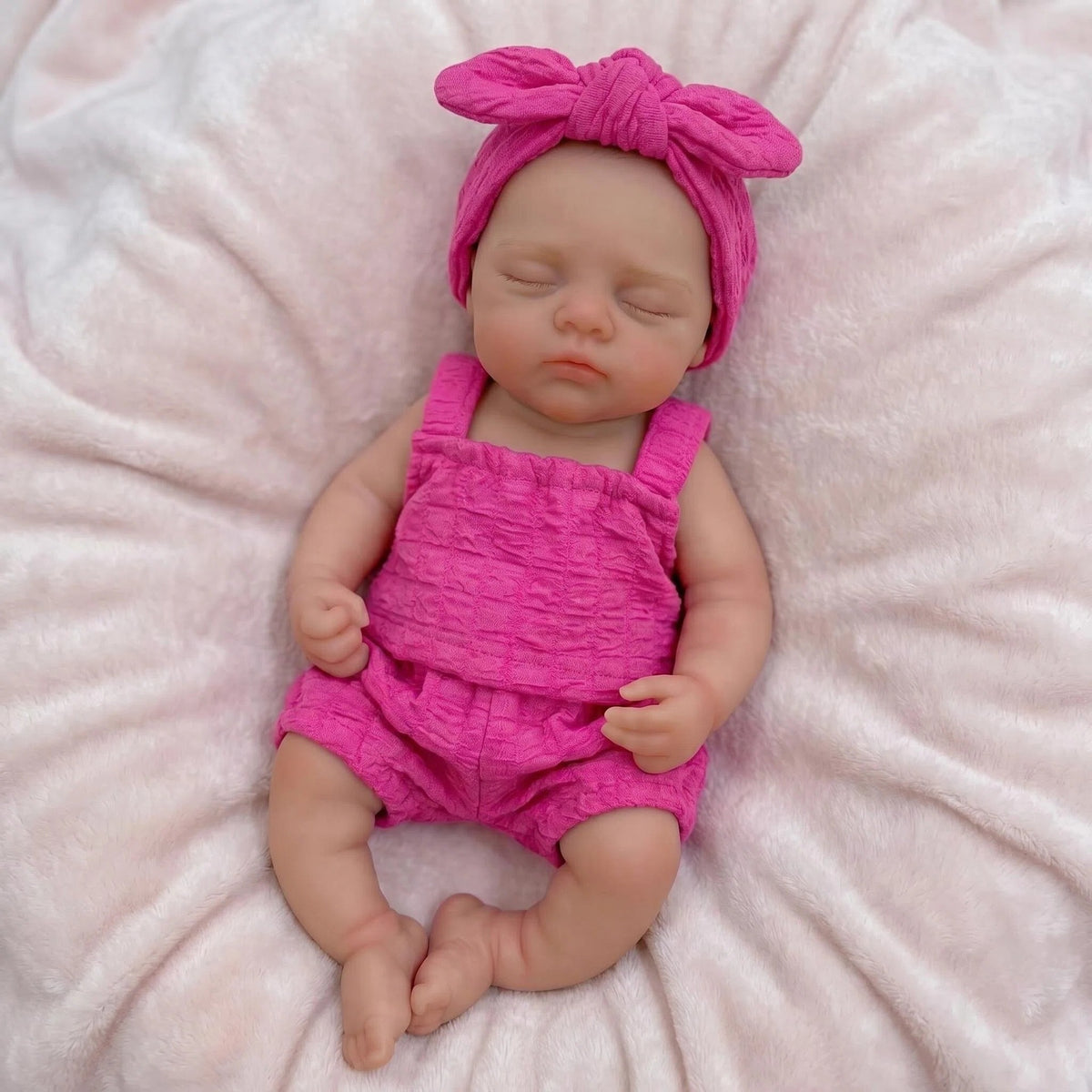 Muñeca Reborn de 12 pulgadas, bebé dormido de silicona completa, conjunto de burbuja rojo rosa, turbante con lazo grande, ojos cerrados, juguete coleccionable de recién nacido mini