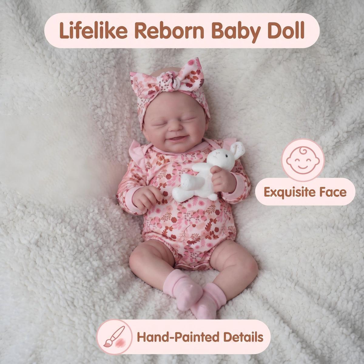 Muñeca Reborn de 19 pulgadas con cuerpo de tela, expresión dulce y sonriente, conjunto floral rosa, juguete de compañía para regalo en festivales