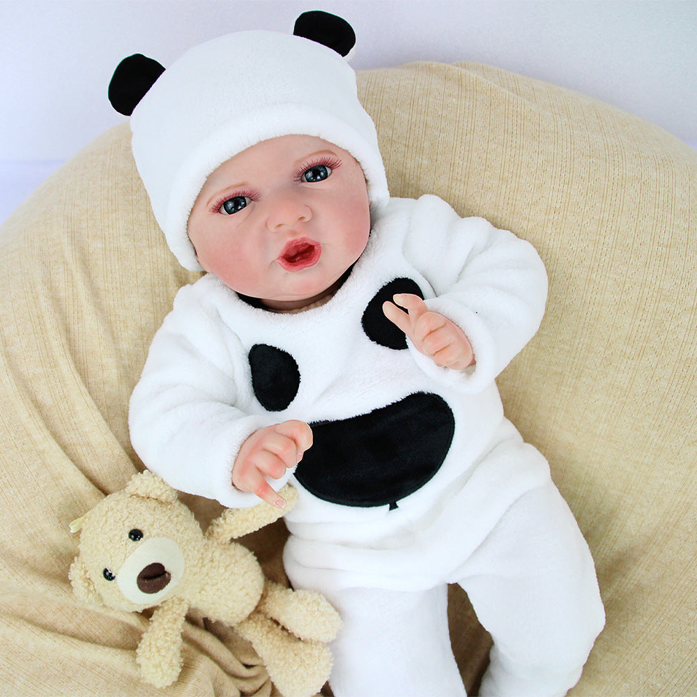 Muñeca bebé Reborn de 22 pulgadas con cuerpo de tela y ojos abiertos, adorable conjunto de peluche con temática de panda, ideal para cumpleaños y festividades
