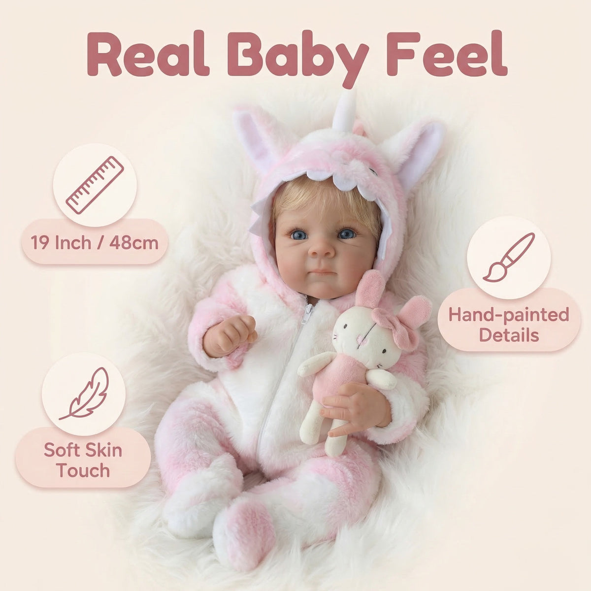 Muñeca de simulación Bettie, unicornio de peluche rosa de 18 pulgadas, muñeca reborn