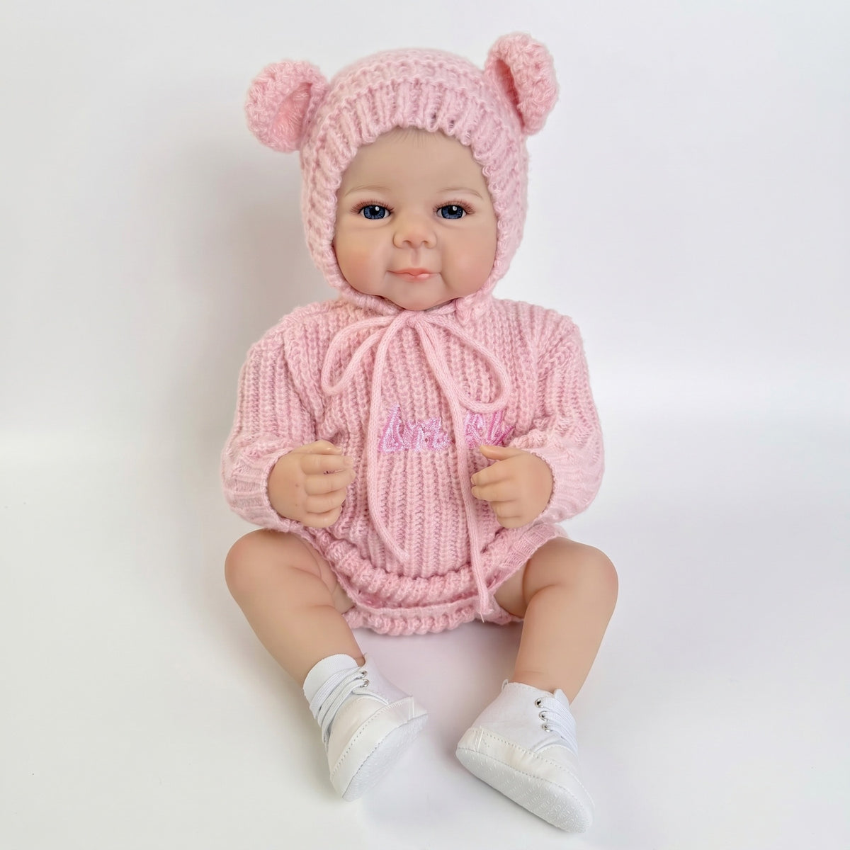 Muñeca bebé reborn de 19 pulgadas con cuerpo completo de vinilo, traje de punto rosa neutro, muñeca de simulación para guardería como regalo para niña