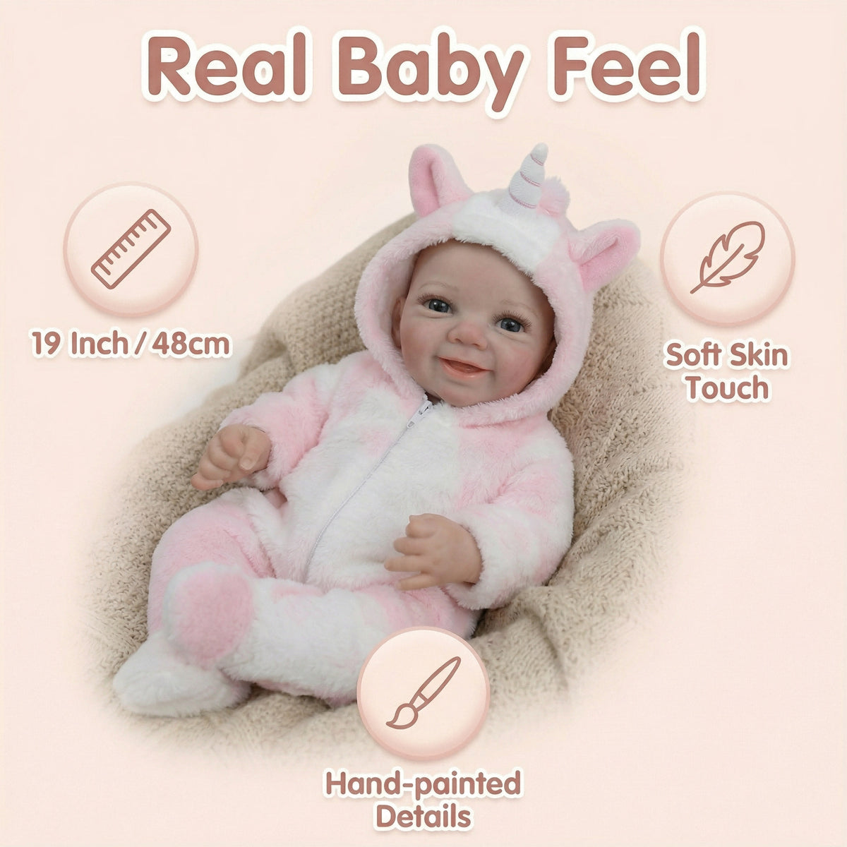 Muñeca reborn Vivienne de vinilo completo, 19 pulgadas, unicornio rosa