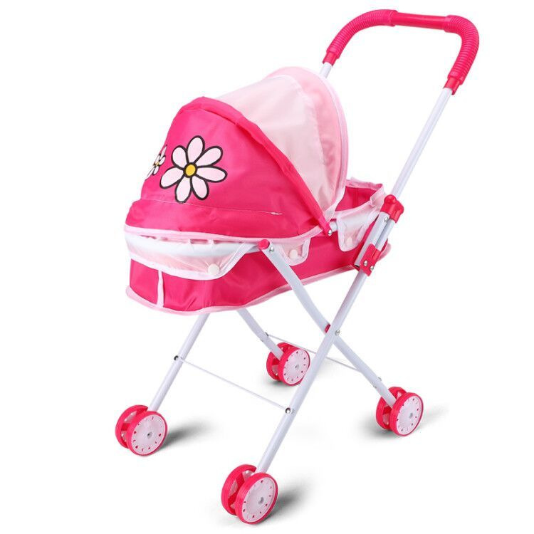 Cochecito de muñecas realista de 4 ruedas, carrito con mango y capota ajustables, cochecito de juguete seguro para niñas de más de 3 años