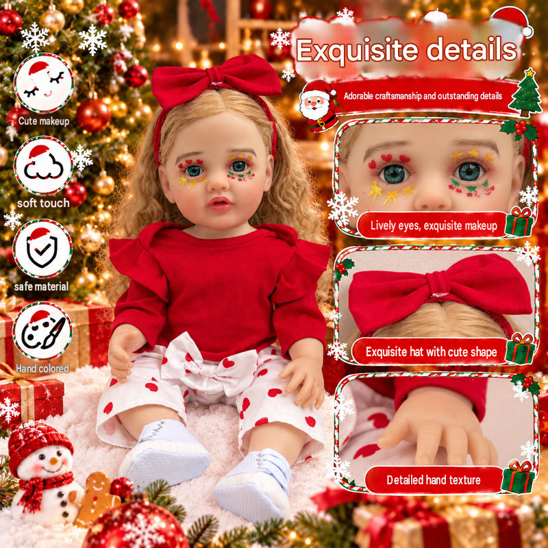 22 inch Christmas Full vinyl Body reborn doll girl with golden curly hair and blue eyes set gift box children's Christmas gift