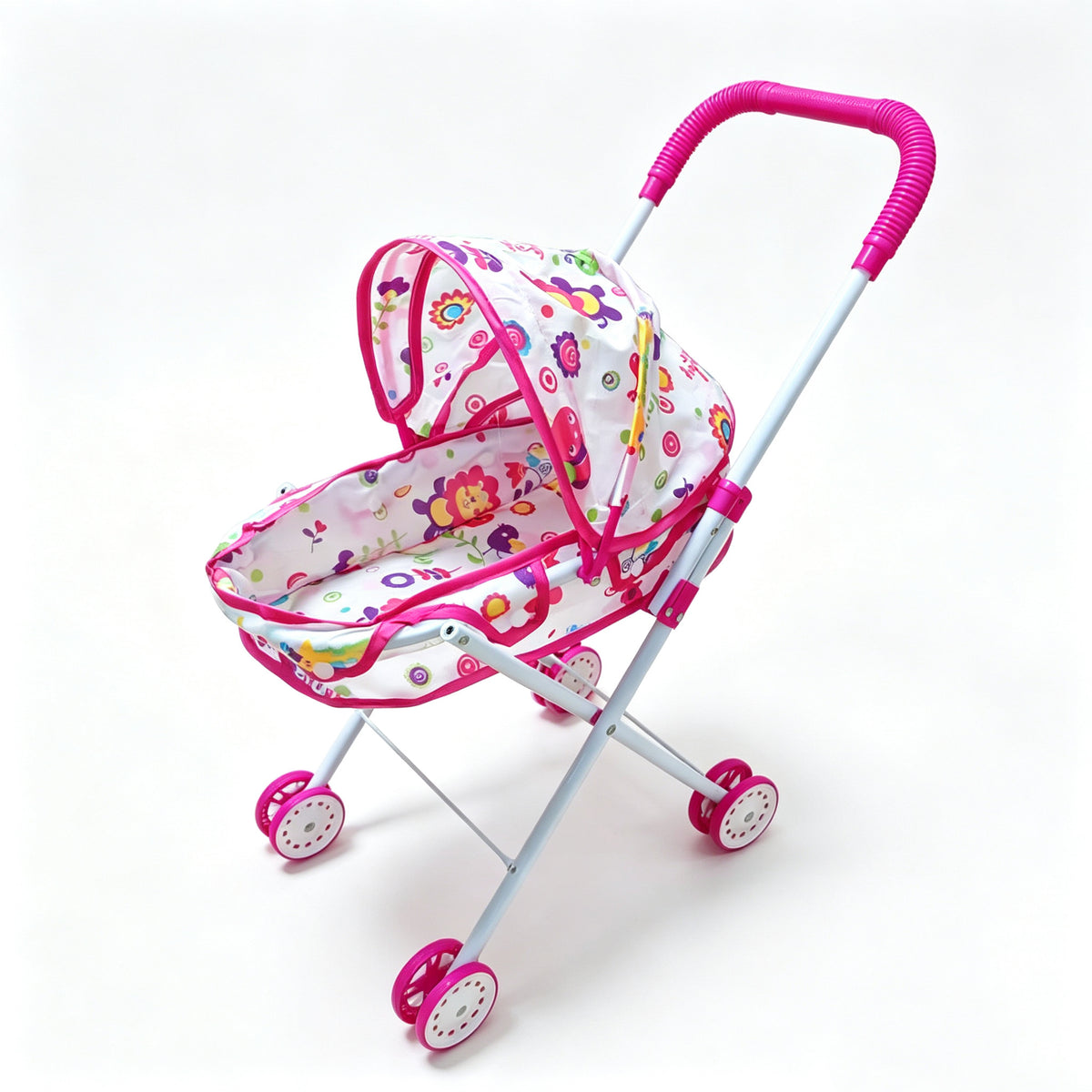 Cochecito de muñecas realista de 4 ruedas, carrito con mango y capota ajustables, cochecito de juguete seguro para niñas de más de 3 años